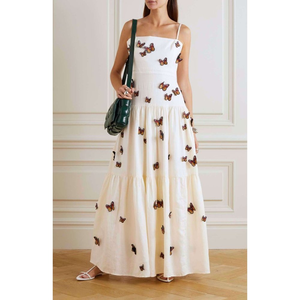 Agua Bendita Lima Monarca Butterfly Embroidered Applique Maxi Dress Linen L